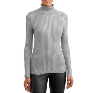 Button cuffs, Gray, ribbed turtleneck sweater,